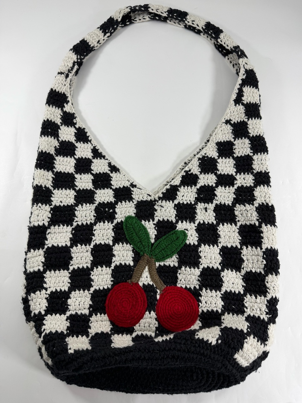 Cherry Checkerboard Crochet Hobo Bag Y2K Kawaii Cottagecore Shoulder Purse